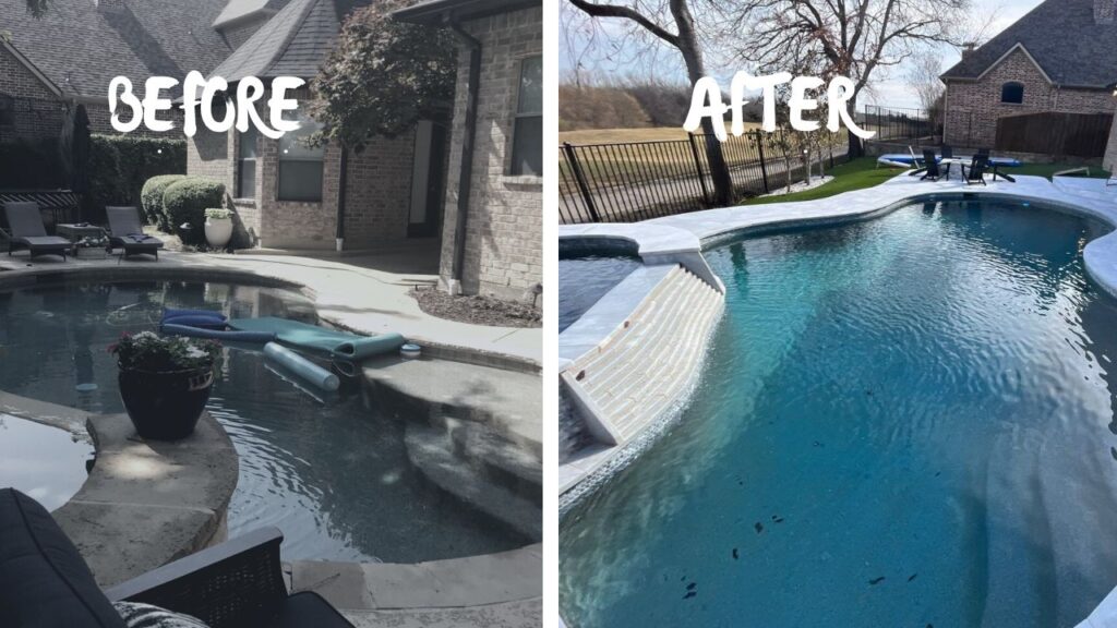 Custom pool remodel in Frisco backyard by H2 Outdoor Design
