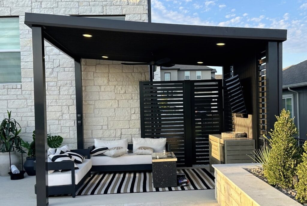Custom aluminum pergola with lighting and ceiling fan