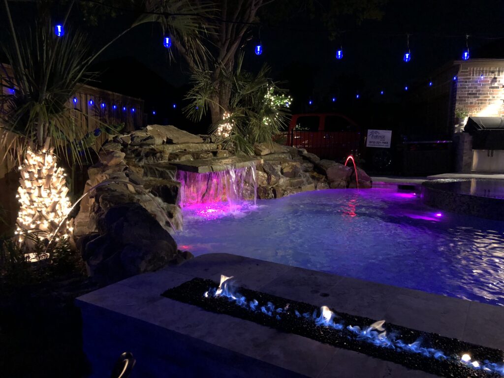 outdoor firepit, laminar jets, watefall, uplight under waterfall