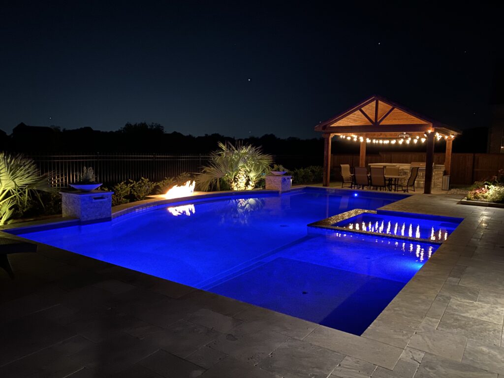 Modern geometric pool with patio in Prosper, TX