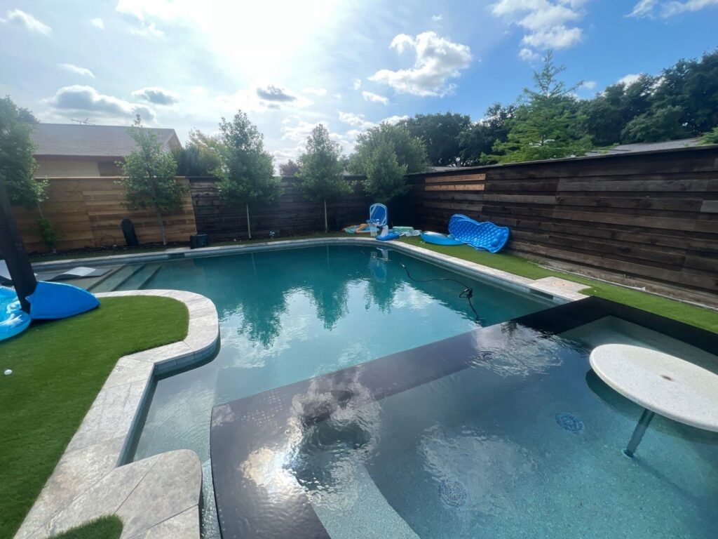 Before and after of pool removation with turf added
